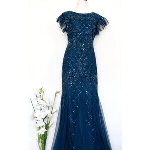 NEW! Adrianna Papell Sequin Beaded Mesh Gown Dress Flutter Sleeve Blue SZ 10